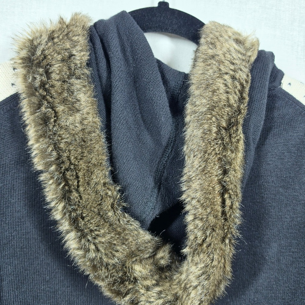 Tommy Hilfiger Full Zip Sweater Womens Medium Navy Fair Isle Faux Fur Hood - Picture 6 of 9